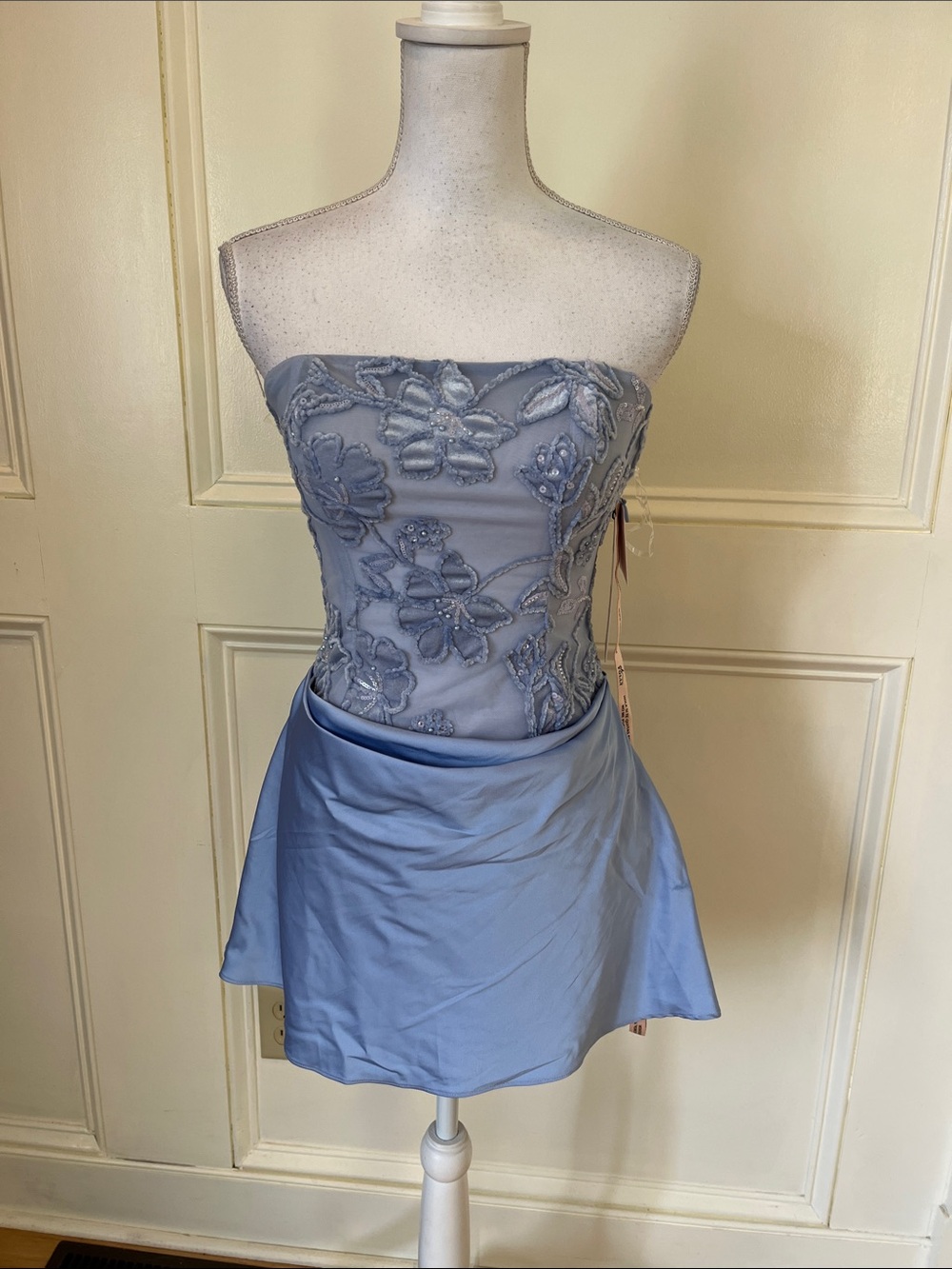 Oh Polly Dusty Blue Strapless Embroidered Mini Dress